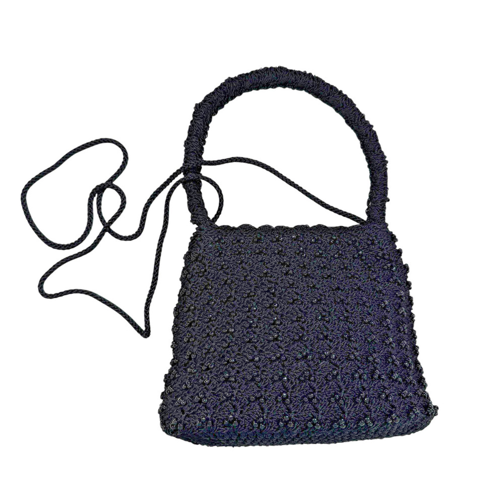 Vintage 90's Black Small Beaded Crochet Purse Crossbody Bag Retro Old Money Boho